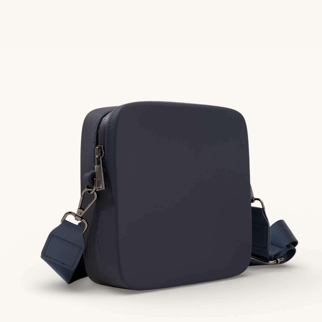 Navy Mini Quad silicone bag side view with structured square form
