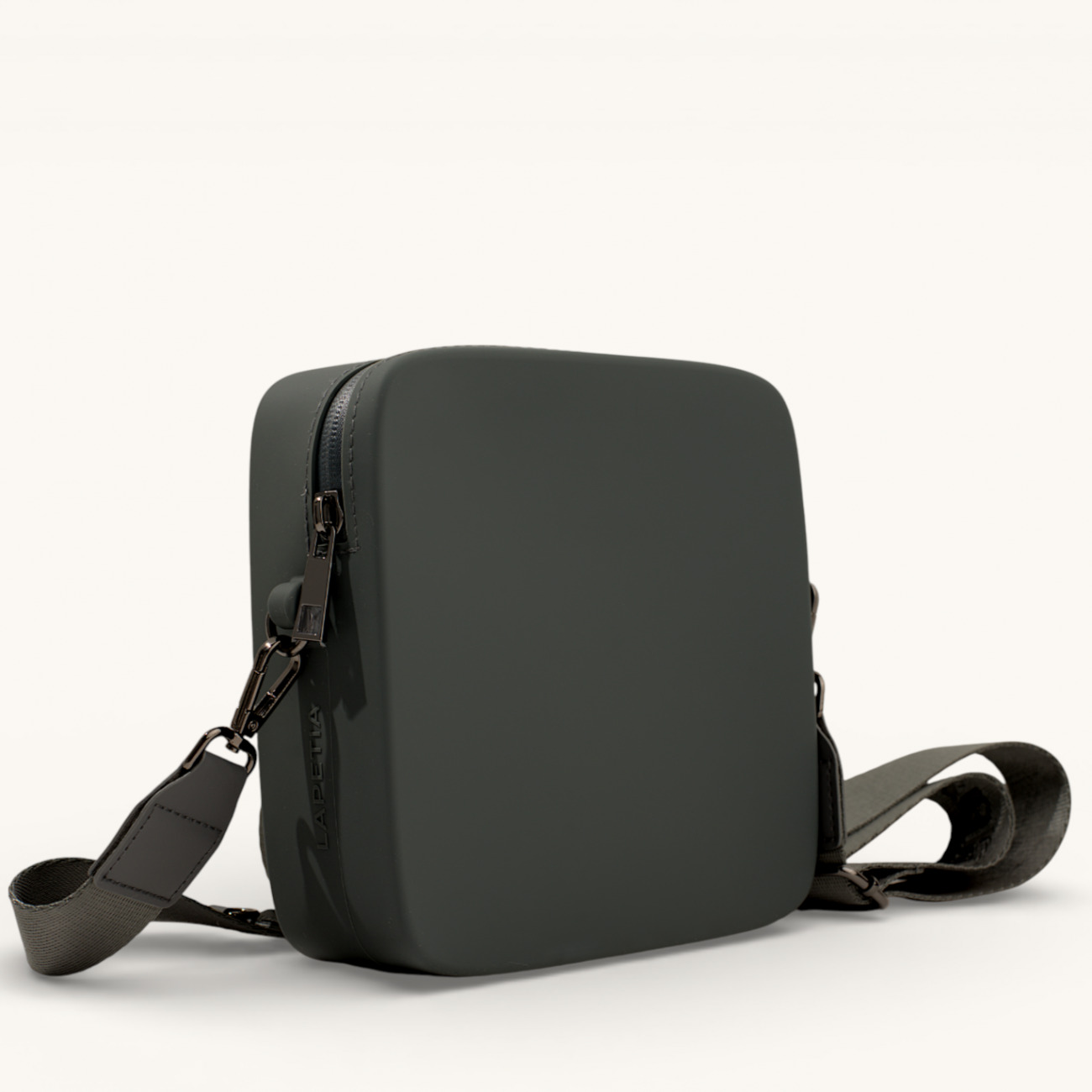 Dark grey Mini Quad silicone crossbody bag side view showing structure