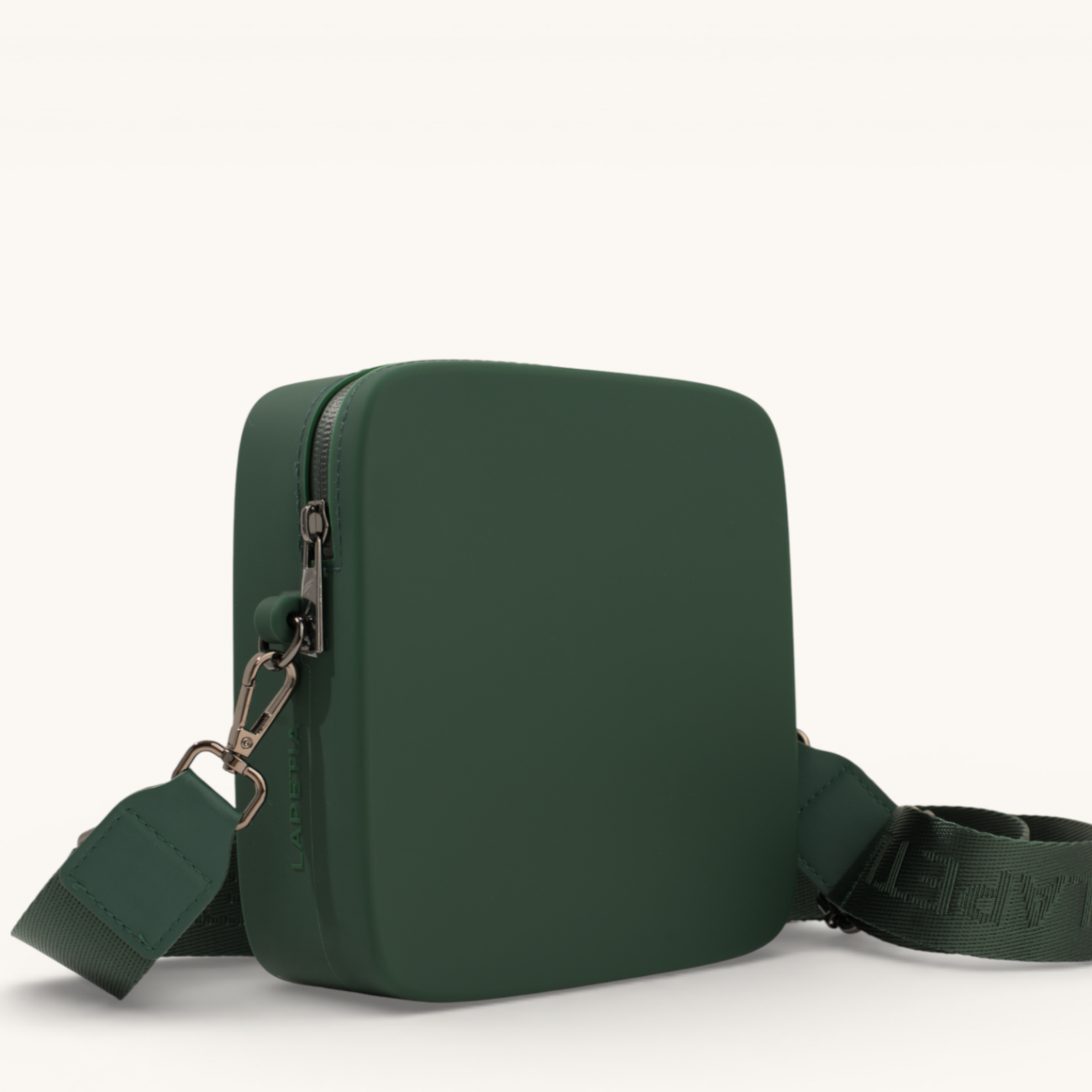 Dark green Mini Quad silicone bag side profile with structured square shape