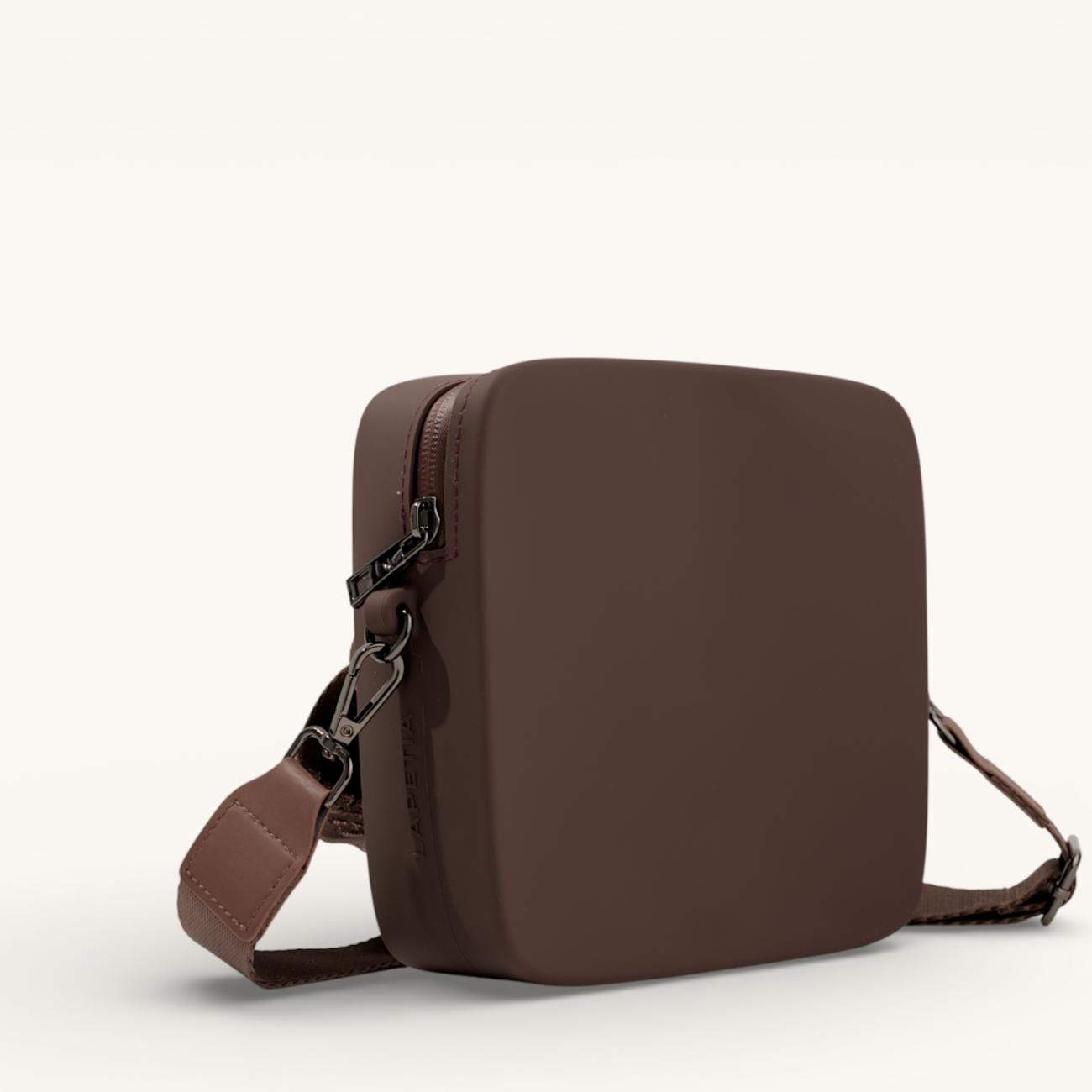 Plum Mini Quad silicone crossbody bag side view showing geometric structure