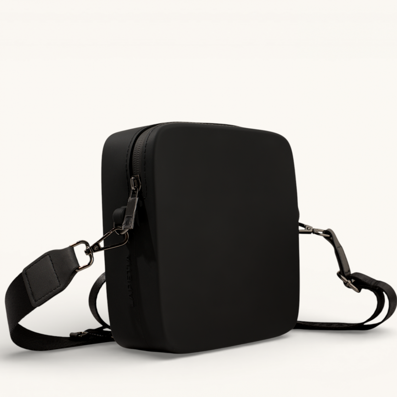 Elegant black silicone crossbody bag Mini Quad by Lapetia, unisex everyday bag for city use